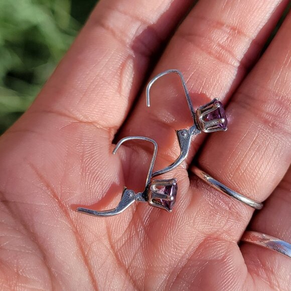 Vintage 925 sterling silver amethyst leverback drop earrings - Picture 8 of 16